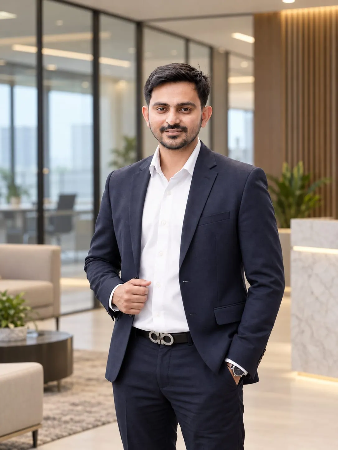 Mukesh Chaudhary, Co-Founder and Managing Director of Bizyocon, in a navy suit in a modern office