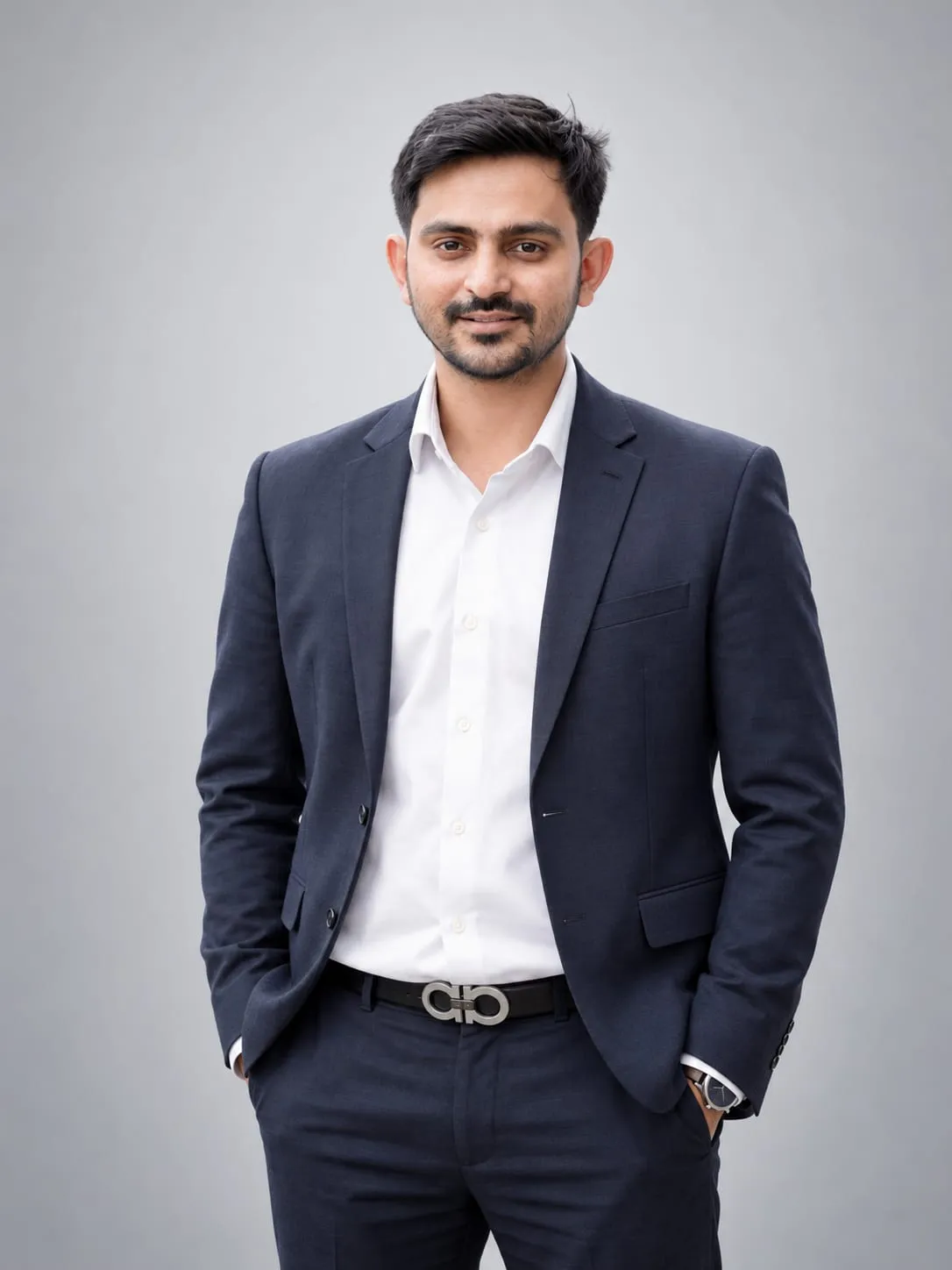Mukesh Chaudhary — professional portrait Professional portrait of Mukesh Chaudhary in a navy suit and white shirt