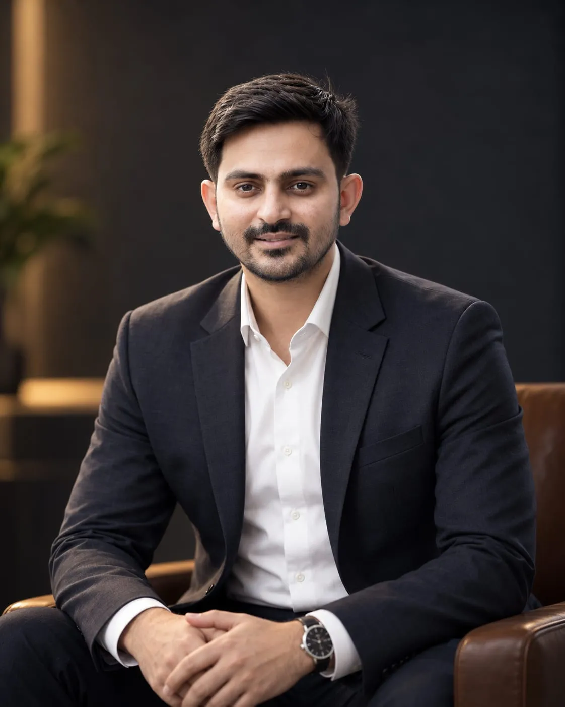 Mukesh Chaudhary in a dark suit, seated in a leather armchair